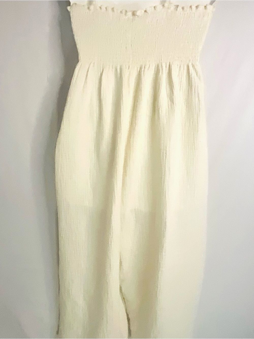 Mable Boho Cream Cotton Gauze Smocked Wide Leg Jumpsuit Tie Shoulder Small Ivory - Picture 2 of 8